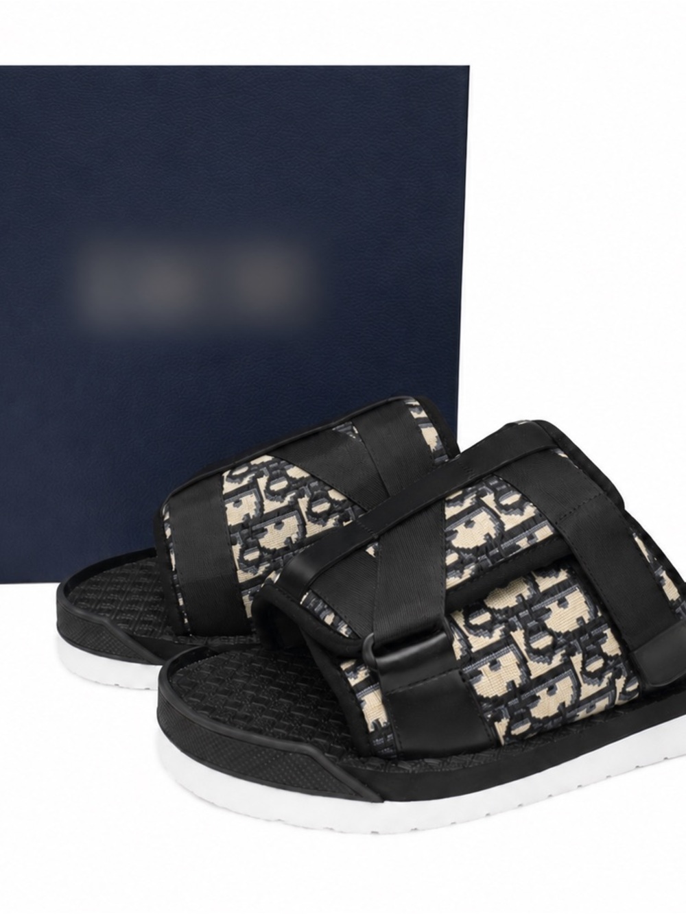 Black and beige D..I..O..R slides with textured woven pattern